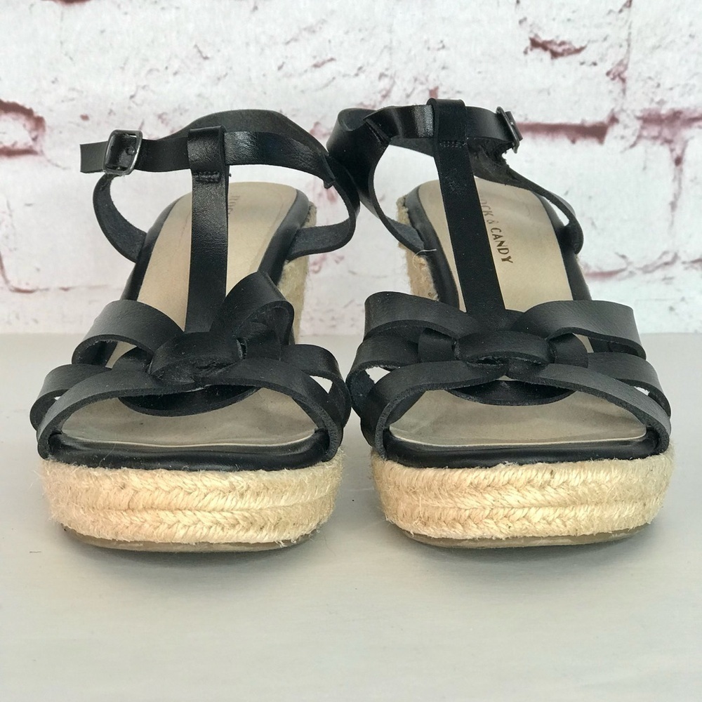 ROCK & CANDY Fola Espadrille Jute Wrapped Wedge Sandals 8.5 Black faux leather - Picture 3 of 16